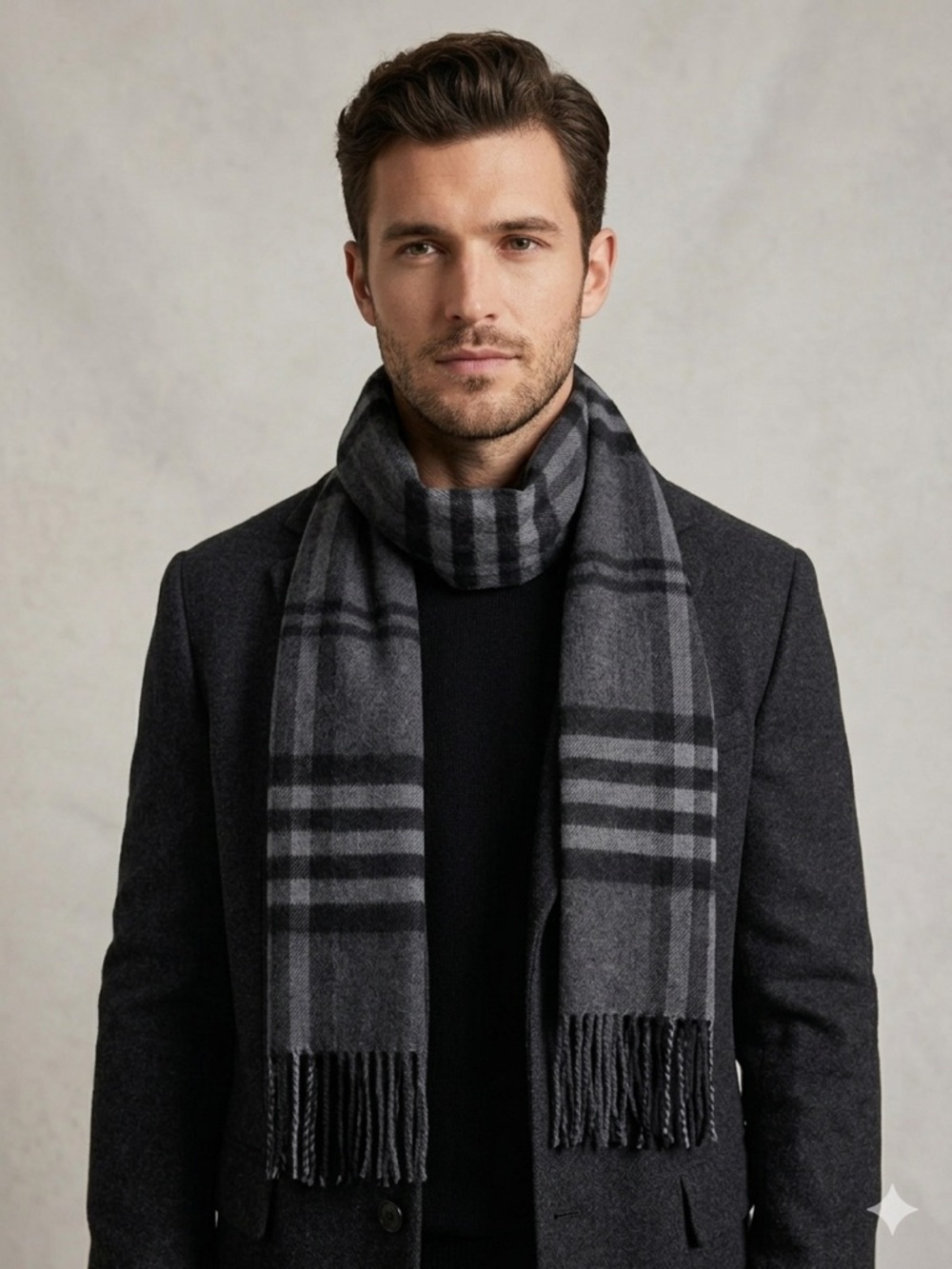 Enzo Mantovani Cashmere Wool Plaid Scarf Black Gray Luxury Soft Cozy Fringe nwt